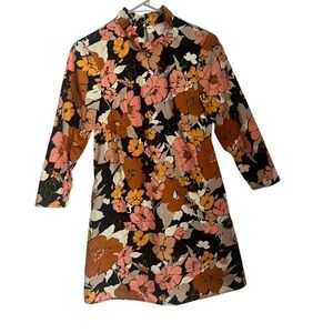 Flora Bea NYC Fall Floral Print Ruffle Neck Mini Dress Women's XS